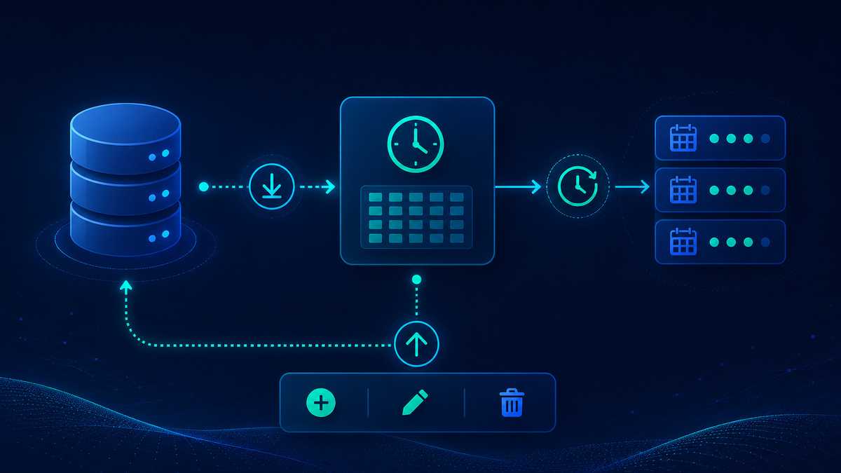 Database style image showing schedule store read once at startup and write-through on changes